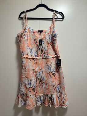 Express Peach Floral Ruffle Sundress with Blue Accents